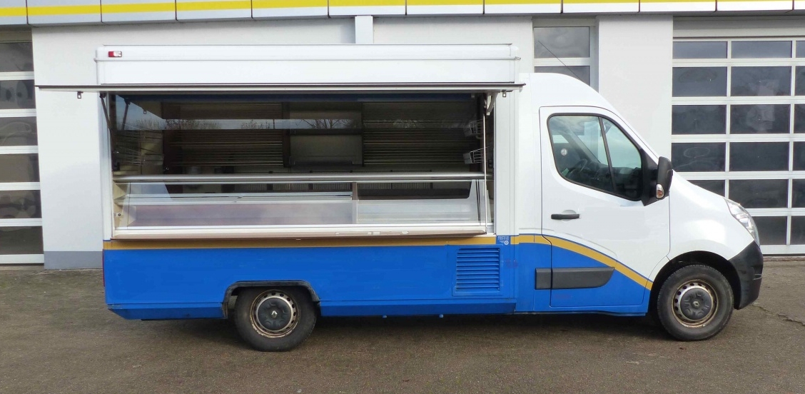 Backwaren-Verkaufsmobil für den Touren- und Marktverkauf, 1,20 m Kühltheke mit Kühlfach für 3 Bleche 60 x 40 cm, Webast-Standheizung. uvm.