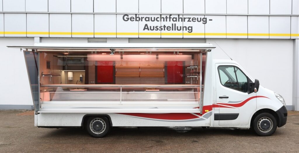 Wochenmarkt Verkaufsmobil mit verstärkter Kühlleistung 32°, 3 Kühlschubladen unter Theke, BÄRO LED-Strahler, beheizbare Körperschutzkante, LED-Schlußleuchten uvm.