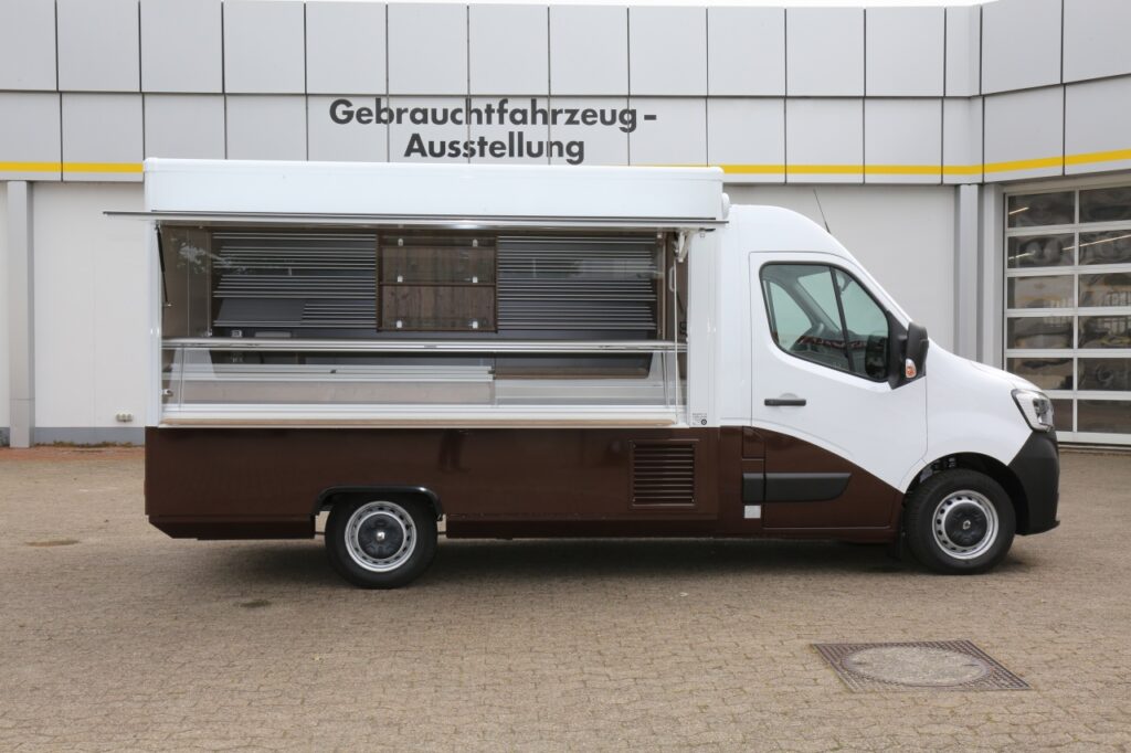 Lithium-Ionen-Antriebsbatterie, Kühltheke, Präsentationsregal, Backwarenthekenarbeitsplatz (bestehend aus einer Schneideplatte, einer Kassenschublade und einem Edelstahl-Messerabstreifbehälter)