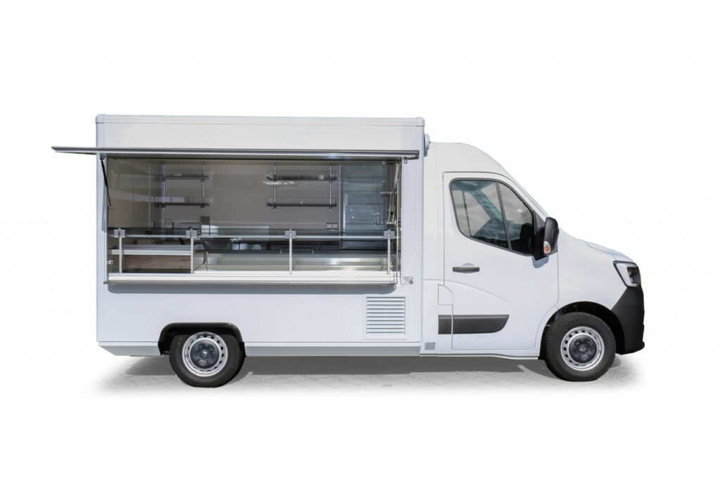 Lithium-Ionen-Antriebsbatterie, LIEBHERR Kühlschrank, Kühlanlage mit einer 25° Kühlung, UBERT Bainmarie, LED-Beleuchtung, Propangas-Anschluss