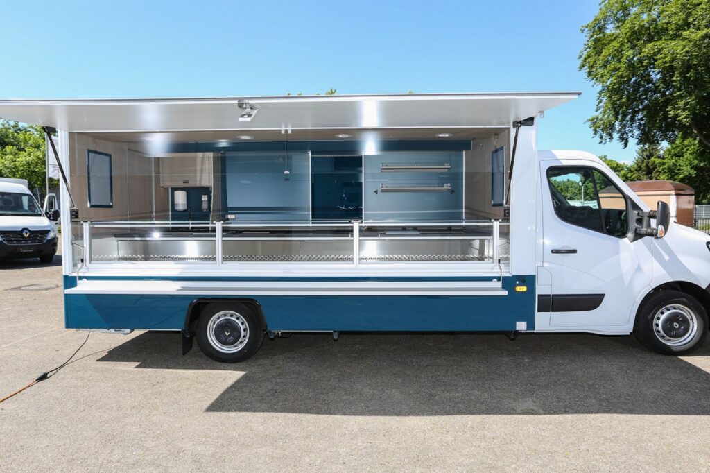 Hochwertiges Borco Höhns Fischmobil in der Version "Leichtbau":-beheizbare Körperschutzkante, Verkaufskühltheke OPTIMA mit einer 25° Kühlung, diverses Thekenzubehör (Papierfach, Waagenplatte, Schneideplatte)