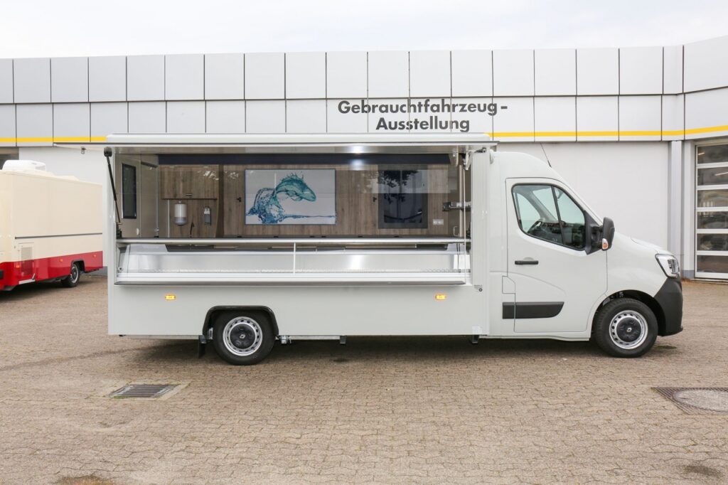 Lithium-Ionen-Antriebsbatterie, elektrische Verkaufsklappe, Durchgang zum Fahrerhaus, Werbetafel mit Glasschriftfeld