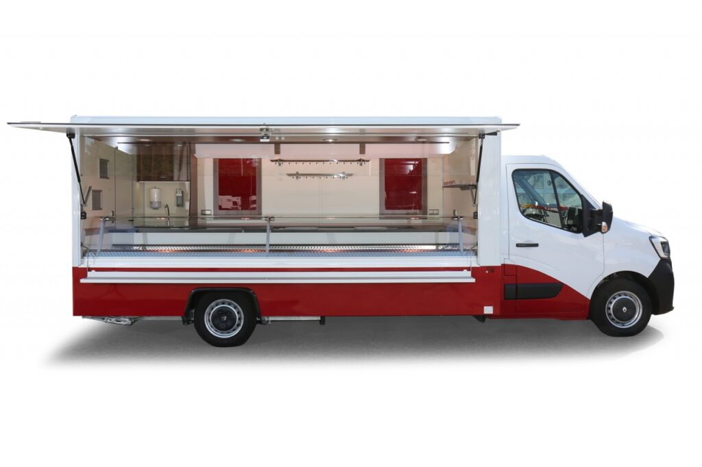 Verkaufskühltheke Maxima Top mit einer Auslagentiefe von 800 mm, Kühlanlage mit einer 32° Kühlung, BÄRO-LED-Einbauleuchten, Unterschrank mit Drehtür