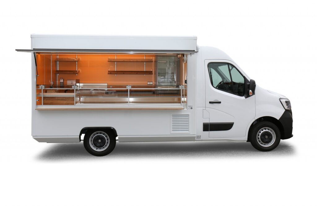 Verkaufsmobil in Top-Zustand mit wenig Kilometern, Lithium-Ionen-Antriebsbatterie, elektronische Klappenöffnung, Dachluke, LIEBHERR Kühlschrank, Ubert Bainmarie inkl. Gastronormbehälter, LED Lichtband mit hoher Lichtleistung