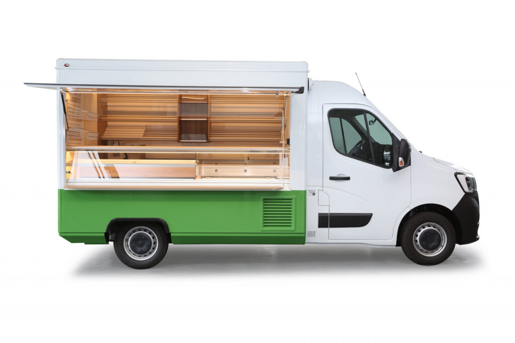 Verkaufsmobil für den ambulanten Handel.-gekühlte Backwarentheke mit eutektischer Kühlung, Brotregale, Arbeitsfläche für Brötchenkörbe, Li-Ionen Batterien