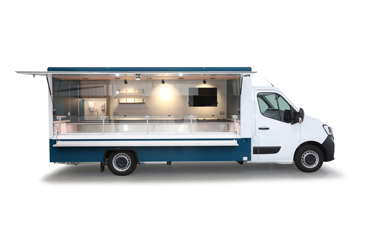 Borco Höhns Fischverkaufsmobil-4,50m Kühltheke und einer 500L Kühltruhe-Wandregale, Werbetafel, Bäro-Lichtsystem