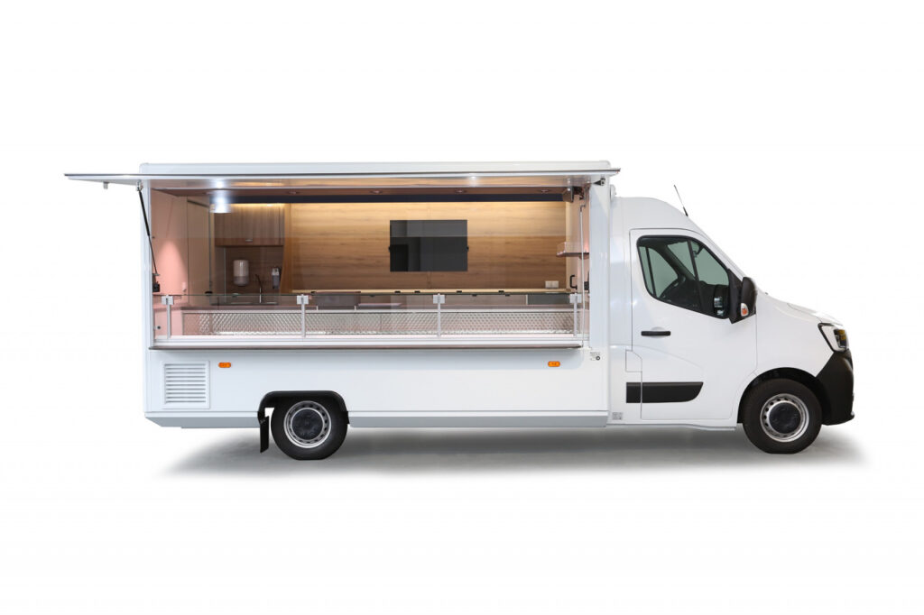 Verkaufsmobil für den ambulanten Verkauf-Kühltheke mit stiller Kühlung, rückseitig Kühltruhe für E-Kisten-Glaswerbetafel, Regale und Abfallsammler-Renault Master mit Allwetterbereifung und Klang-&Klima-Paket