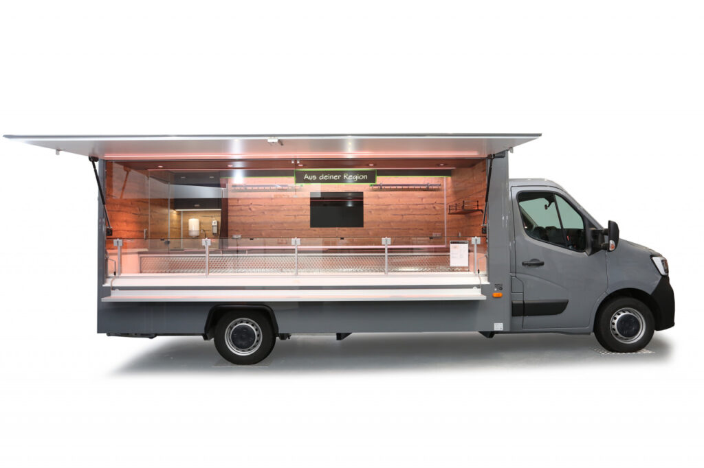 Verkaufsmobil für den Wochenmarkt-Kühltheke mit stiller Kühlung, unterhalb 2 Kühlauszüge für vier Euro-Kisten.-Stromanschluss 400 Volt oder umsteckbar auf 2 x 230 Volt.-Renault Master mit Allwetterbereifung und Radio